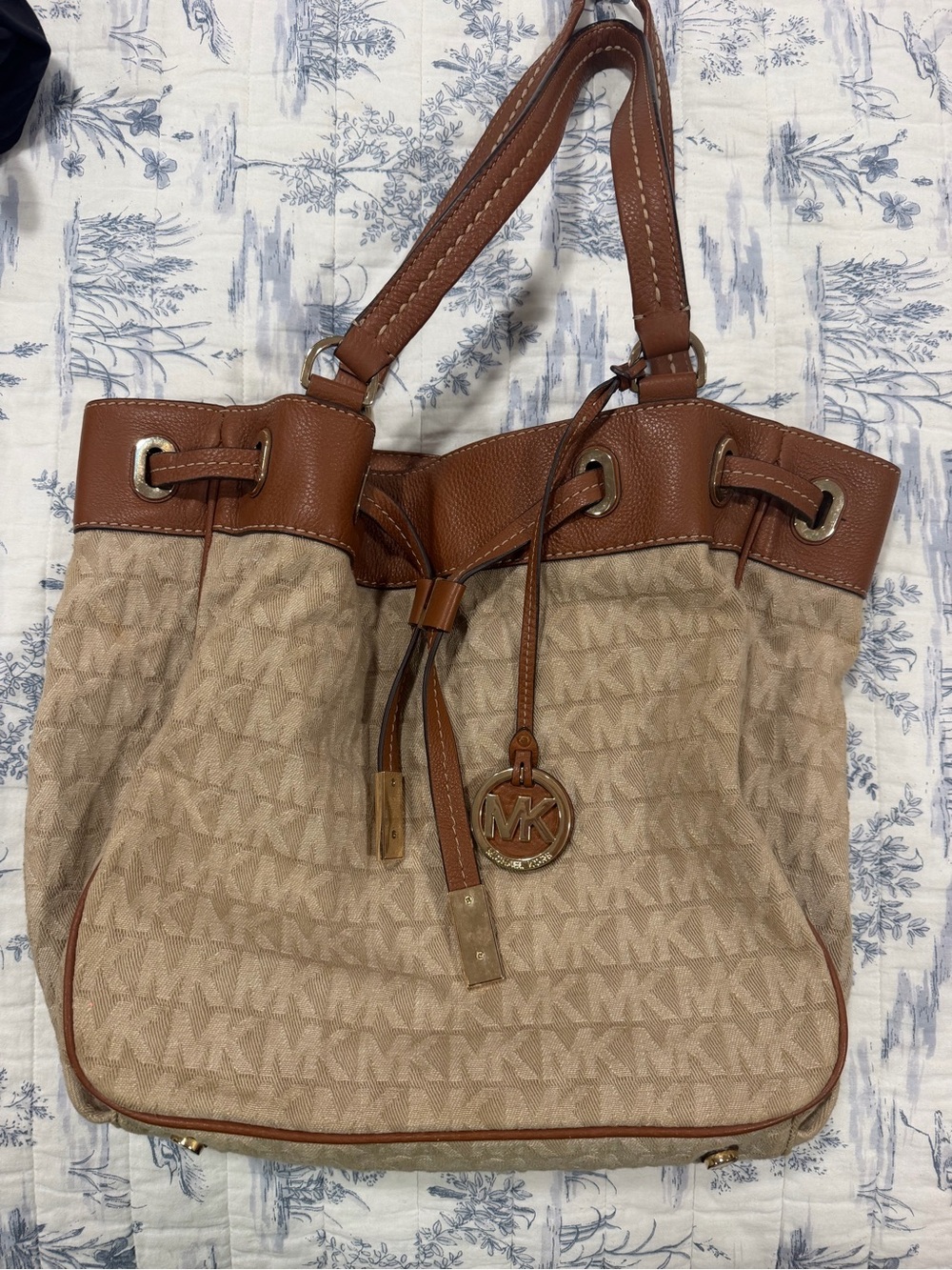 Michael Kors Tan and Brown Monogram Drawstring Tote